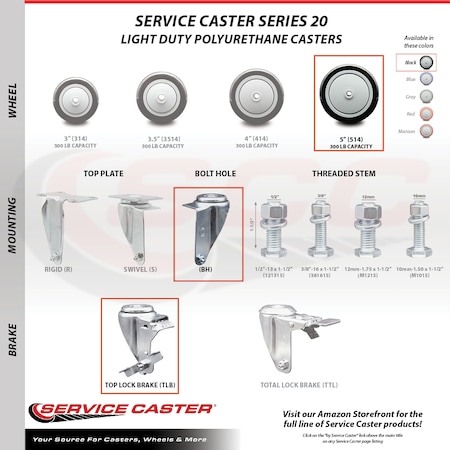 Service Caster 5 Inch Black Polyurethane Wheel Swivel Bolt Hole Caster with Brake SCC SCC-BH20S514-PPUB-BLK-TLB